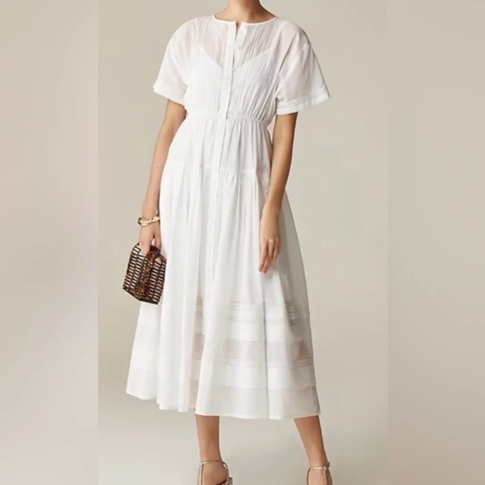 NWT J.Crew Pintuck shirtdress in cotton voile XS White Preppy Casual Wedding